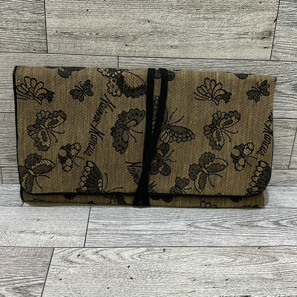 Vintage Neiman Marcus brown butterfly pattern travel jewelry bag